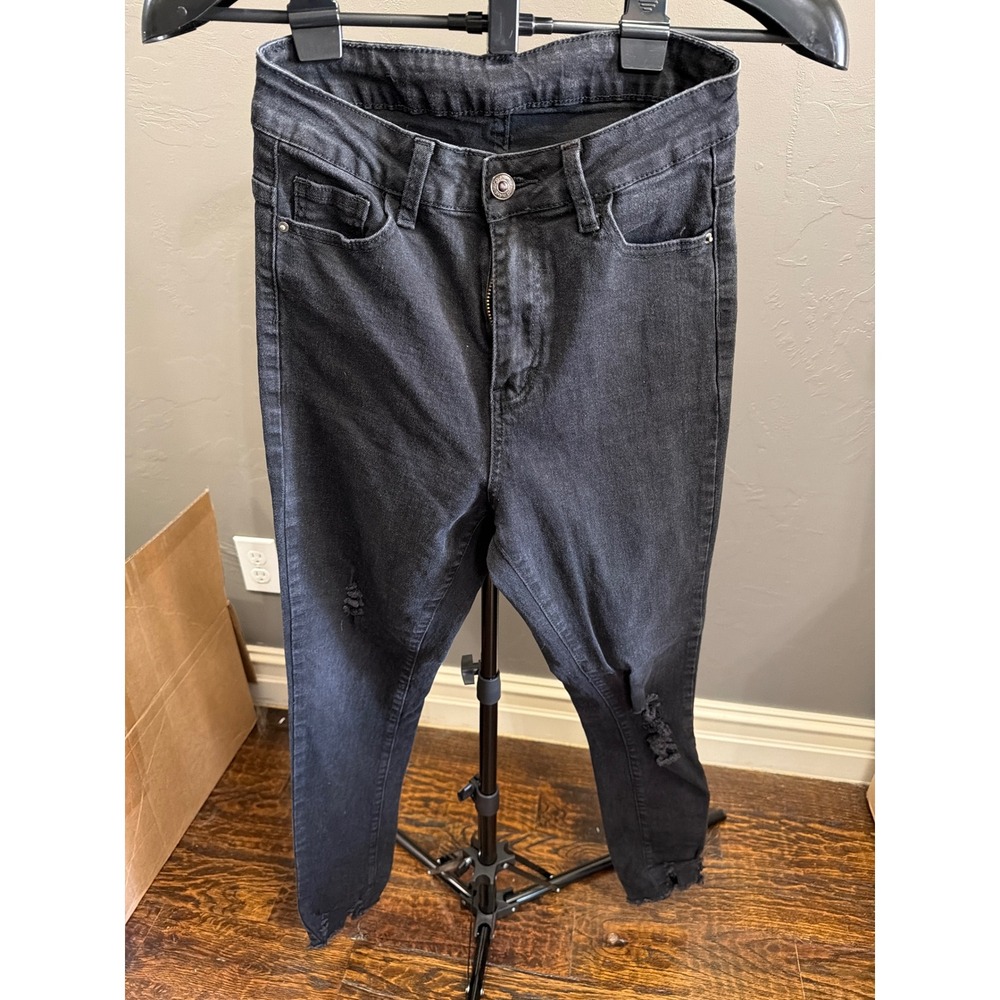 SHEIN Black Distressed Skinny Jeans High Waisted Ripped Raw Hem Size 4 S